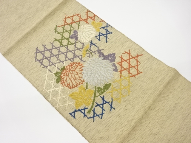 JAPANESE KIMONO / VINTAGE  NAGOYA OBI / WOVEN MESH PATTERN  & KIKU